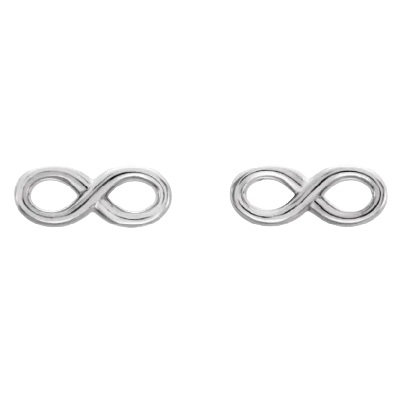 Pair of silver infinity symbol earrings on a white background