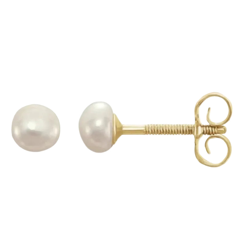 white pearl studs in 14kt yellow gold